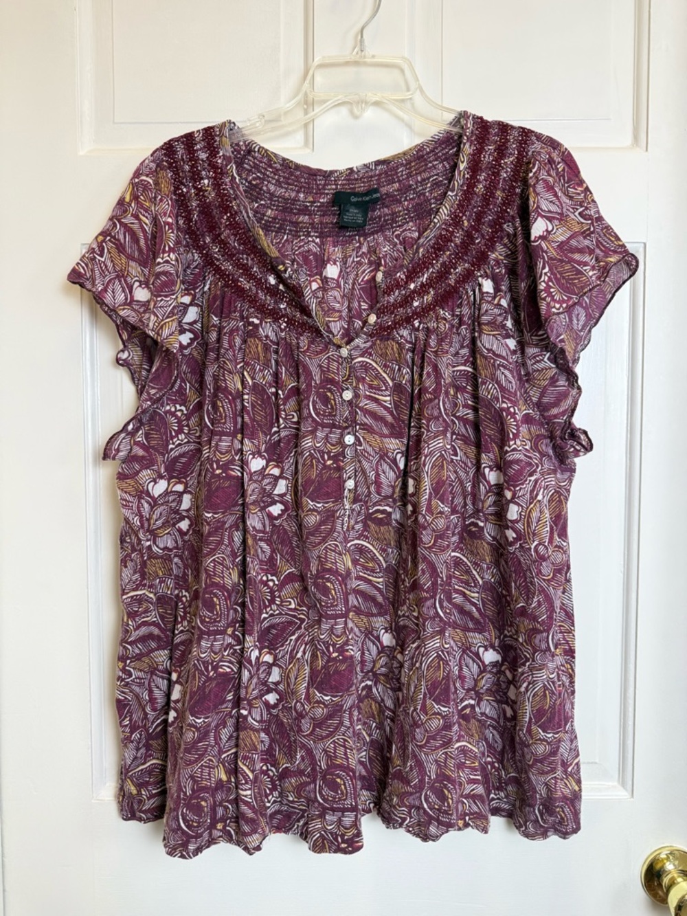 Calvin Klein Jeans Purple Floral Smocked Yoke Blouse Cotton 3X